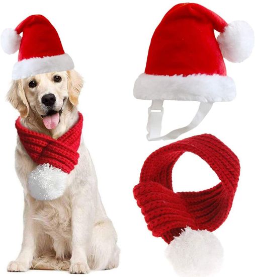 Inscape Data Christmas Dog Santa Hat with Scarf, Adjustable Santa Hat for Dog and Xmas Pet Knit Red Scarf with White Pompom Ball, Dog Winter Neck Warmer Scarf, Christmas Party Dressup